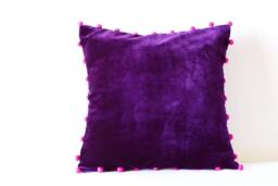 Purple Velvet Pillow Cover With Pink Pom Poms - thumbnail 1