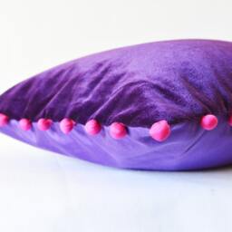 Purple Velvet Pillow Cover With Pink Pom Poms - thumbnail 2