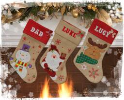 Personalised Vintage Hessian Christmas Stocking Santa, Reindeer, Snowman - thumbnail 1