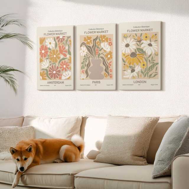 Canvas Set Of 3 Wall Art - Floral Patterns From Amsterdam, Paris & London, Yellow Art, Plants Flowers Hanging Piece - image 1