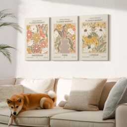 Canvas Set Of 3 Wall Art - Floral Patterns From Amsterdam, Paris & London, Yellow Art, Plants Flowers Hanging Piece