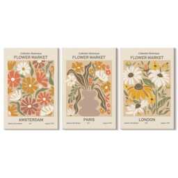 Canvas Set Of 3 Wall Art - Floral Patterns From Amsterdam, Paris & London, Yellow Art, Plants Flowers Hanging Piece - thumbnail 2