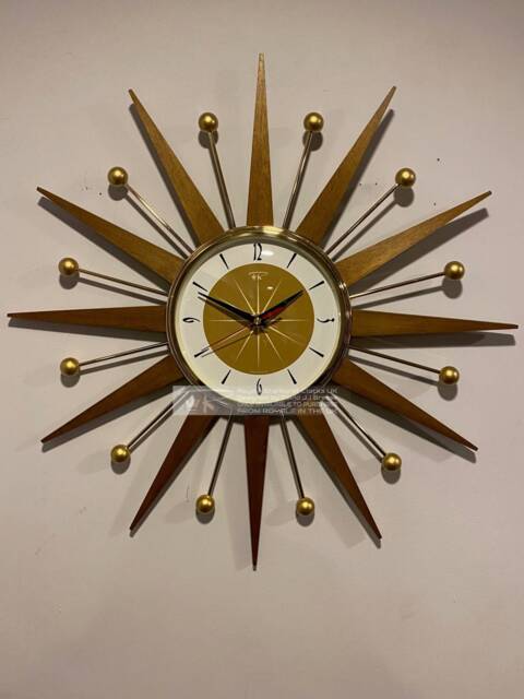 Mid Century Modern Starburst Wall Clock Teak Rays & Gold Atomic Balls - image 1