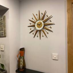 Mid Century Modern Starburst Wall Clock Teak Rays & Gold Atomic Balls - thumbnail 4