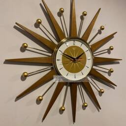 Mid Century Modern Starburst Wall Clock Teak Rays & Gold Atomic Balls - thumbnail 2