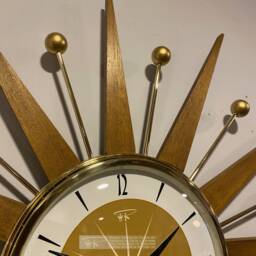 Mid Century Modern Starburst Wall Clock Teak Rays & Gold Atomic Balls - thumbnail 3