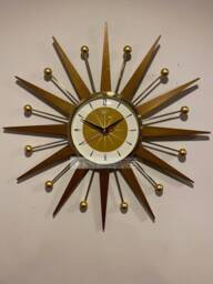 Mid Century Modern Starburst Wall Clock Teak Rays & Gold Atomic Balls