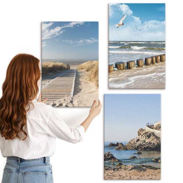 Canvas Set Of 3 - Beach With Wooden Path, Sea & Seaside Cliffs, Blue Wall Art, Landscapes Decor - image 1