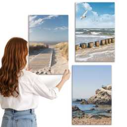 Canvas Set Of 3 - Beach With Wooden Path, Sea & Seaside Cliffs, Blue Wall Art, Landscapes Decor - thumbnail 1