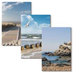 Canvas Set Of 3 - Beach With Wooden Path, Sea & Seaside Cliffs, Blue Wall Art, Landscapes Decor - thumbnail 2