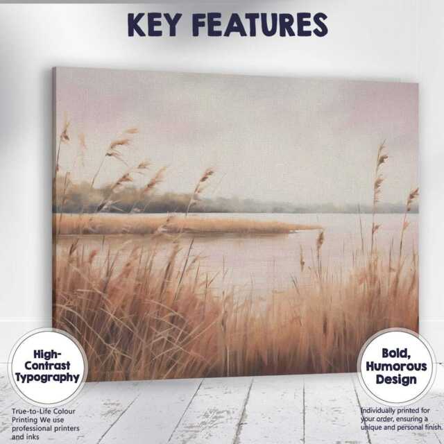 Serene Lakeside Reed Marsh Soft Beige Landscape Canvas Wall Art Print Decor Picture Ready To Hang - image 1