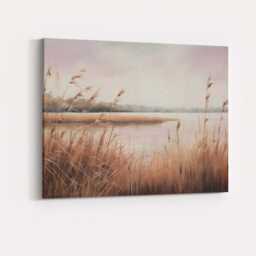Serene Lakeside Reed Marsh Soft Beige Landscape Canvas Wall Art Print Decor Picture Ready To Hang - thumbnail 4