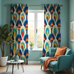 Retro Rainbow Curtains, Mid Century Modern Arch Pattern Drapes, Bold Colorful Window Panels, Farmhouse Geometric Living Room Home Decor