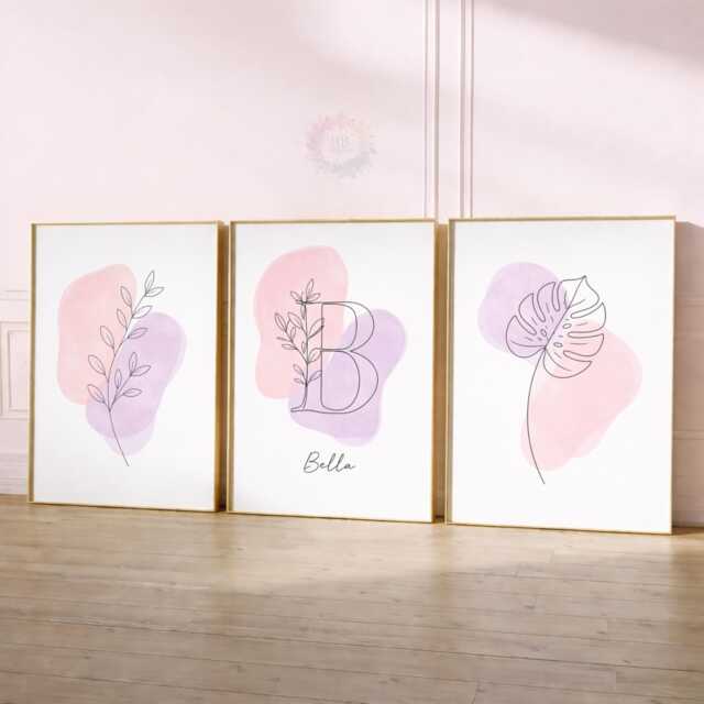 Personalised Girls Botanical Prints - Minimal Purple Nursery Flower Set, Floral Girl Bedroom Wall Art - image 1