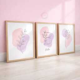Personalised Girls Botanical Prints - Minimal Purple Nursery Flower Set, Floral Girl Bedroom Wall Art - thumbnail 2