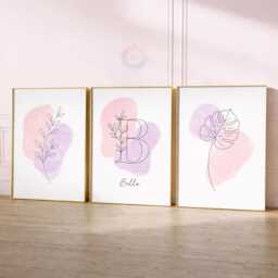 Personalised Girls Botanical Prints - Minimal Purple Nursery Flower Set, Floral Girl Bedroom Wall Art