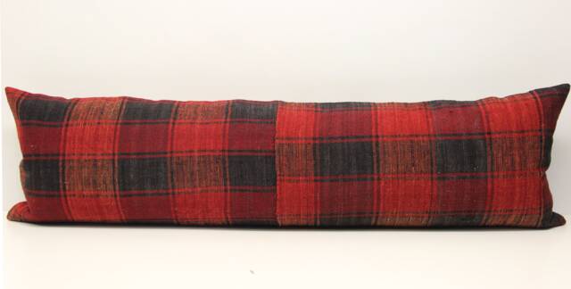 King Size Kilim Lumbar Pillow Cover 14x48 Red Plaid Wool Blend - image 1