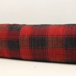 King Size Kilim Lumbar Pillow Cover 14x48 Red Plaid Wool Blend - thumbnail 3
