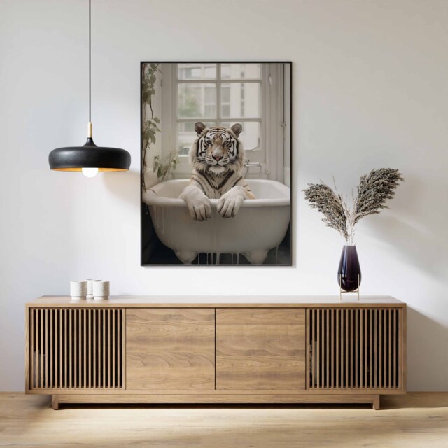 Tiger in Tub Wall Art, Bathroom Art Print, Funny Bathing, Animal Bathtub - image 1