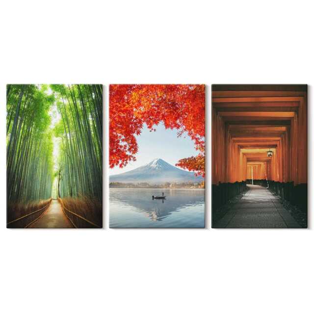 Set Of 3 Canvas Prints - Bamboo Forest Mount Fuji Torii Path Japan, Multicolored Large Wall Art, Landscapes Hanging Piece - image 1