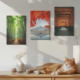 Set Of 3 Canvas Prints - Bamboo Forest Mount Fuji Torii Path Japan, Multicolored Large Wall Art, Landscapes Hanging Piece - thumbnail 2