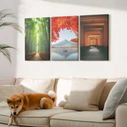 Set Of 3 Canvas Prints - Bamboo Forest Mount Fuji Torii Path Japan, Multicolored Large Wall Art, Landscapes Hanging Piece - thumbnail 3