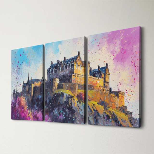 Highland Majesty Edinburgh Castle Landscape Canvas Art Colourful Scottish Landmark Painting With Sunset Glow - image 1