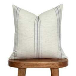 Linen Throw Pillow With Blue Stripes - Farmhouse Decor Rustic Cushion Cover Neutral Home Accent Striped Berken - thumbnail 3