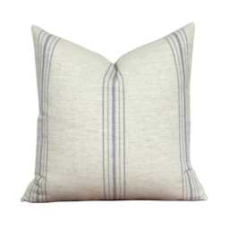 Linen Throw Pillow With Blue Stripes - Farmhouse Decor Rustic Cushion Cover Neutral Home Accent Striped Berken - thumbnail 1