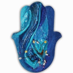 3D Wall Hanging, Sculpted Hamsa Spiritual Good Luck Hand Handpainted Judaica Ooak Gorgeous Turquoise Blues Decorated With Bead Flowers #203T