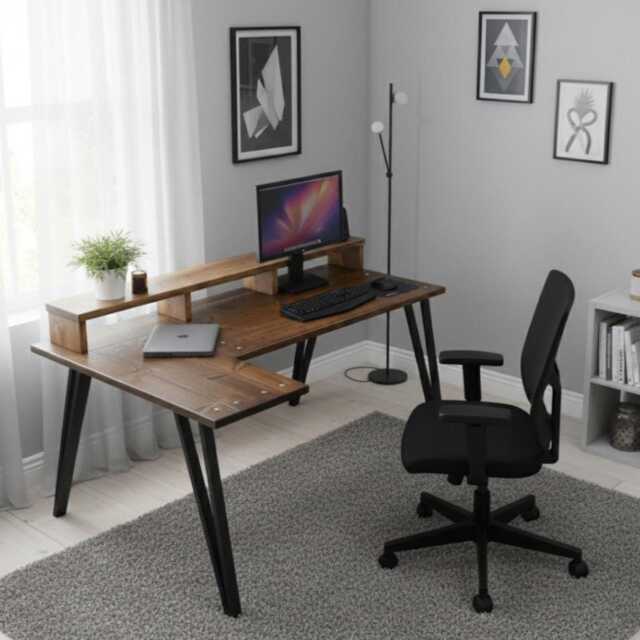 Temiz - Solid Redwood Pine Corner Desk With Monitor Shelf & Choice Of Legs - image 1