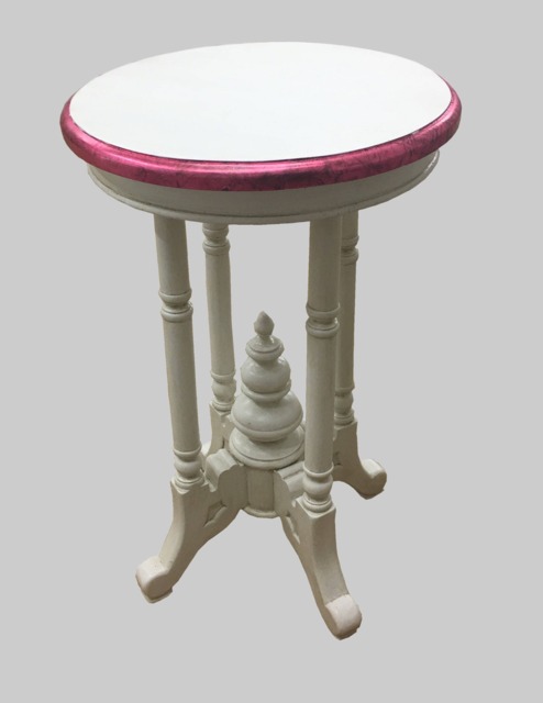 Occasional Round Lamp, Side Table - Finished in Antique White With Red Metal Leaf Rim