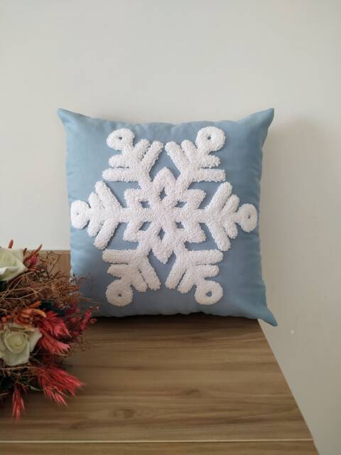 Christmas Snowflake Punch Needle Pillow Cover, Blue Hand Tufted Cushion, Winter Home Decor - image 1
