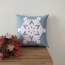 Christmas Snowflake Punch Needle Pillow Cover, Blue Hand Tufted Cushion, Winter Home Decor - thumbnail 2
