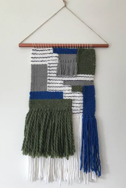 Custom - Blue Green Striped Woven Wall Hanging, Medium Weaving, Statement Art, Yarn Tapestry, Weaving