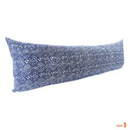 Hmong Indigo Batik Lumbar Pillow Bohemian Linen Flower Pattern - thumbnail 2