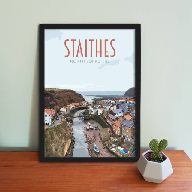 Staithes Travel Poster - Retro Vintage Style UK Art Print, Artwork, Homeware, Staithes, Yorkshire Featuring The Whalebone Arch - image 1
