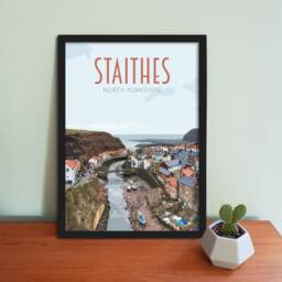 Staithes Travel Poster - Retro Vintage Style UK Art Print, Artwork, Homeware, Staithes, Yorkshire Featuring The Whalebone Arch - thumbnail 1