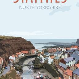 Staithes Travel Poster - Retro Vintage Style UK Art Print, Artwork, Homeware, Staithes, Yorkshire Featuring The Whalebone Arch - thumbnail 2