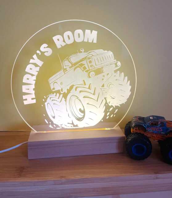 Wooden Light Personalized Monster Truck Led Night Light - Kids Room Decor - image 1