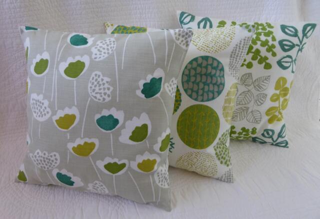 Set Of 3 Handmade Floral Print Cushion Covers, Lime Green, Grey, Yellow, 16 - image 1