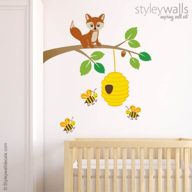 Fox Wall Decal, Sticker, Bees & Branch Forest Animals Kids Baby Room Nursery Decal Decor