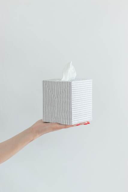 Striped Linen Tissue Box Cover. Minimalist Square Box Holder With White & Gray Stripes - image 1