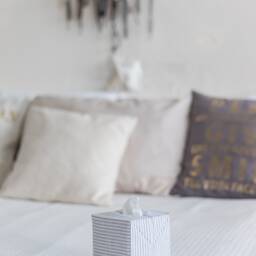 Striped Linen Tissue Box Cover. Minimalist Square Box Holder With White & Gray Stripes - thumbnail 3