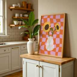 Sunflower Flower Vase Wavy Checkered Print, Bold Colourful Wall Artwork, Check Abstract Vase, A1 A2 A3 A4 A5 A6 Unframed Prints - thumbnail 3