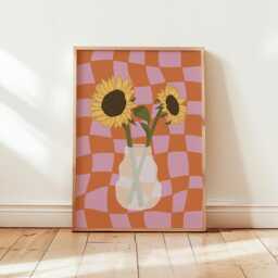 Sunflower Flower Vase Wavy Checkered Print, Bold Colourful Wall Artwork, Check Abstract Vase, A1 A2 A3 A4 A5 A6 Unframed Prints - thumbnail 1