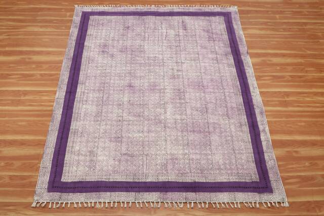 Handmade Cotton Block Printed Rug, Purple Bordered Dhurrie - image 1