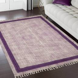 Handmade Cotton Block Printed Rug, Purple Bordered Dhurrie - thumbnail 2