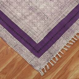 Handmade Cotton Block Printed Rug, Purple Bordered Dhurrie - thumbnail 4