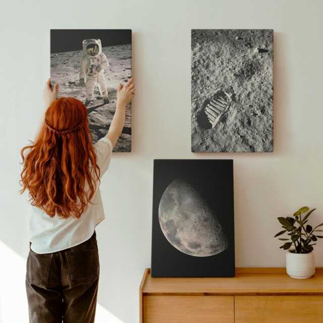 Canvas Art Set Of 3 - Astronaut On The Moon Footprint Photo, Gray Wall Art, Space & Astrology Hanging Piece - image 1